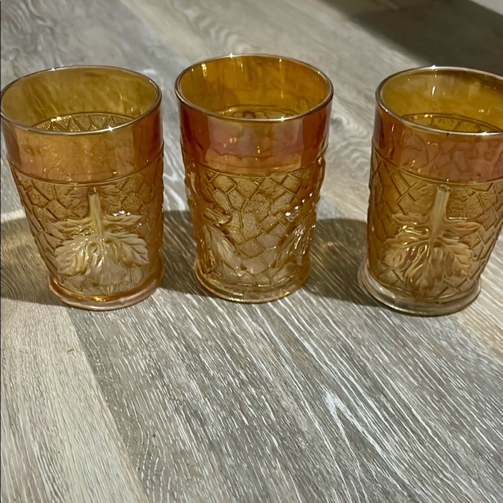 Vintage Set of Three Carnival Glass Tumblers by Dugan -Maple Leaf